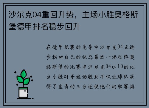 沙尔克04重回升势，主场小胜奥格斯堡德甲排名稳步回升